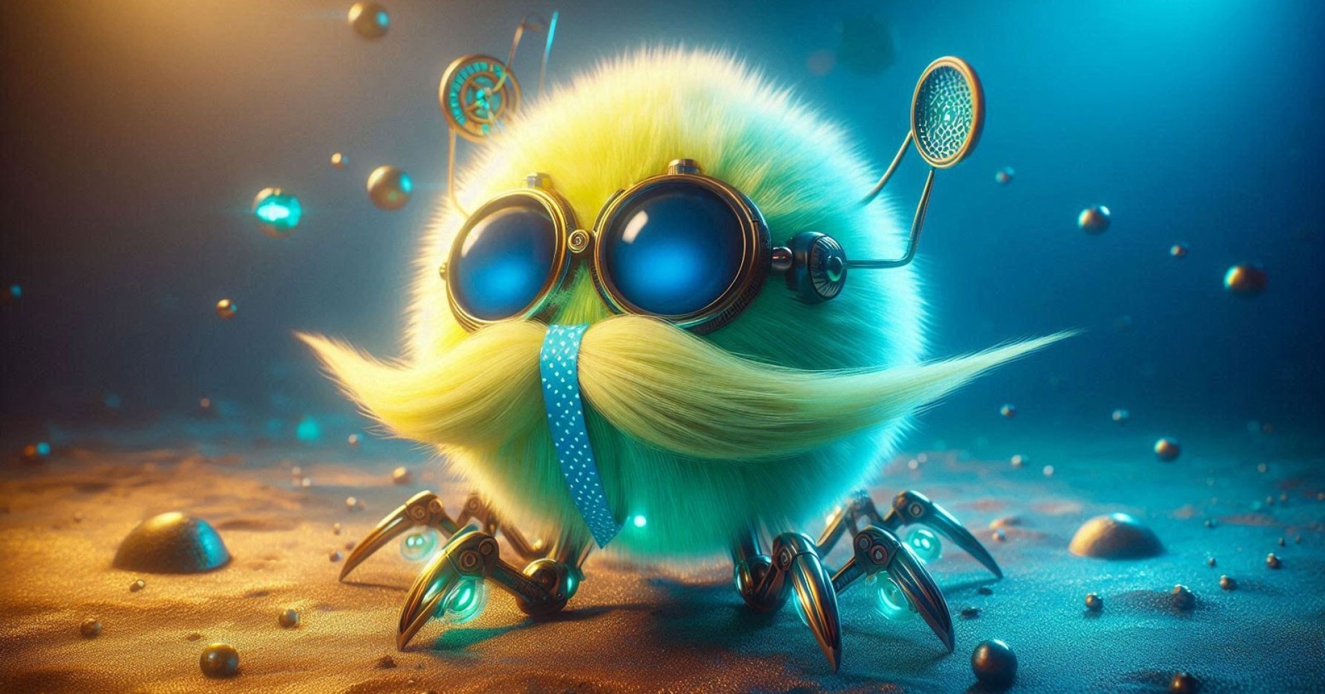 Flauschmo Web: Futuristisches, flauschiges Fantasiewesen mit Schnurrbart und Technik-Elementen