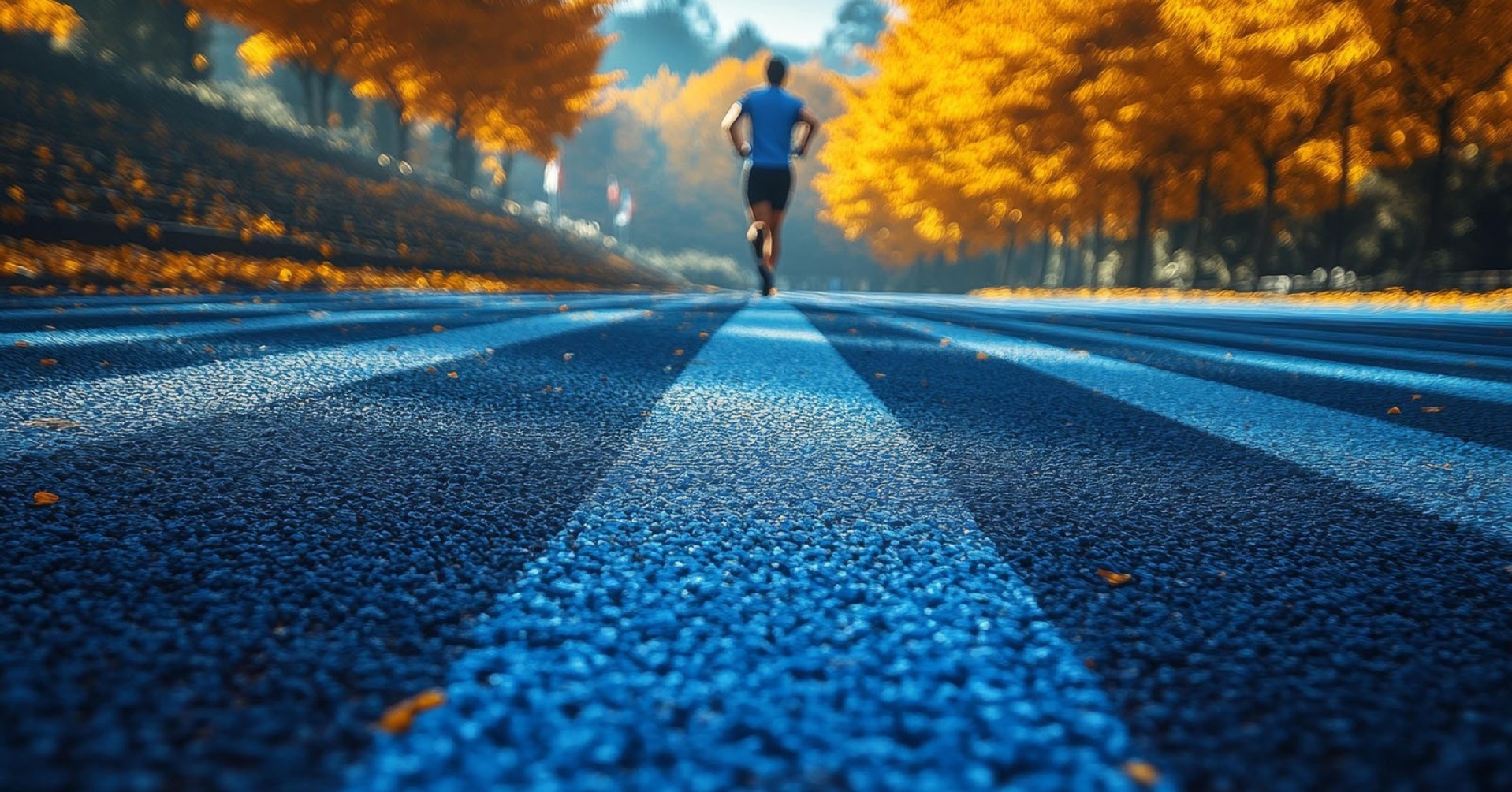 Prostata Hilfe Deutschland: Mann beim Jogging auf einer blauen Laufbahn im Herbst mit bunten Bäumen