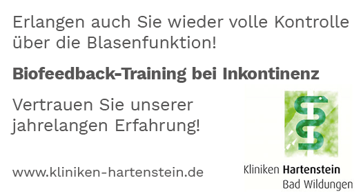 Bei Inkontinenz: Biofeedback-Training der Kliniken Hartenstein Werbeanzeige der Kliniken Hartenstein über Biofeedback-Training bei Inkontinenz